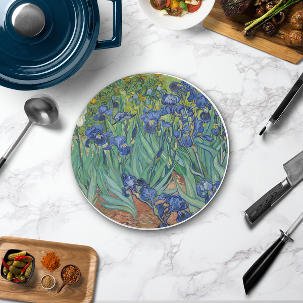Irises (Van Gogh) Round Stone Trivet - In Context View