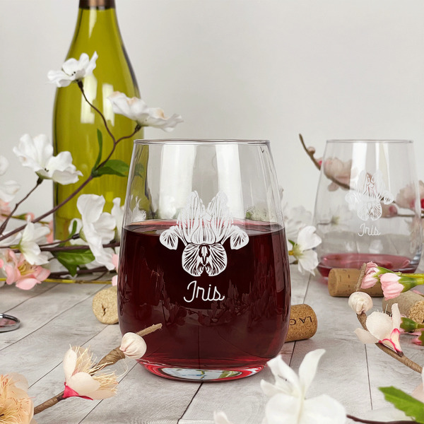 Irises (Van Gogh) Stemless Wine Glass - In Context