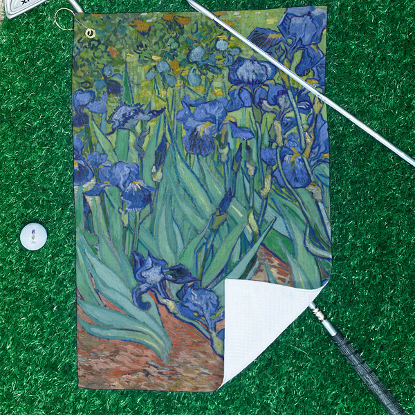 Irises (Van Gogh) Waffle Weave Golf Towel - In Context