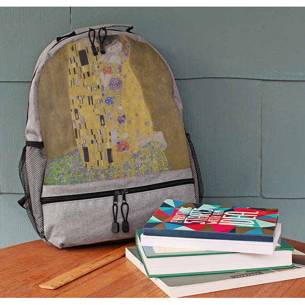The Kiss (Klimt) - Lovers Large Backpack - Gray - On Desk