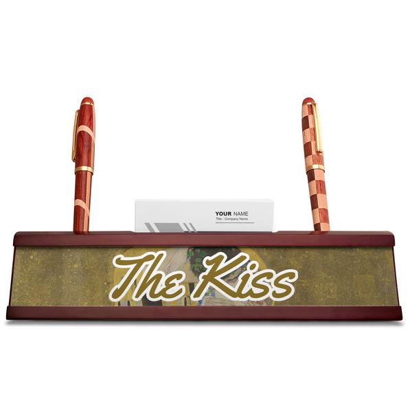 The Kiss (Klimt) - Lovers Red Mahogany Nameplates with Business Card Holder - Straight