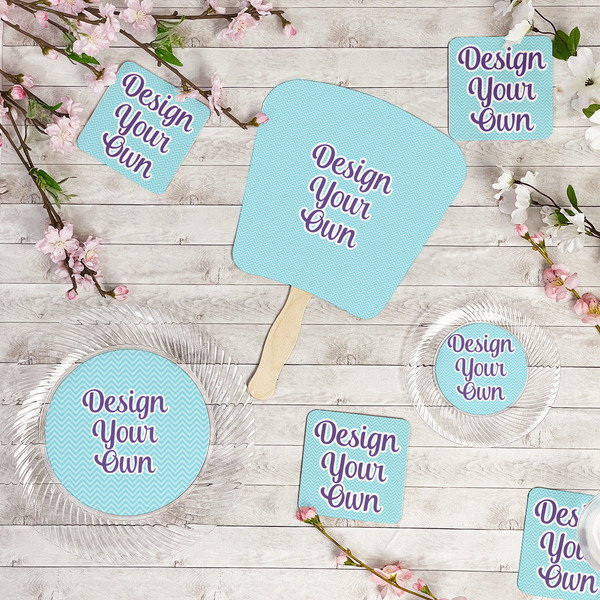 Design Your Own Party Supplies Combination Image - All items - Plates, Coasters, Fans