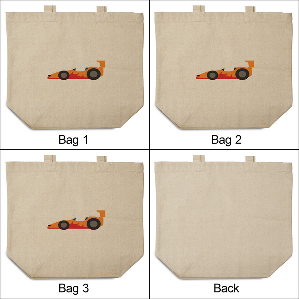 Racing Car 3 Reusable Cotton Grocery Bags - Front & Back View