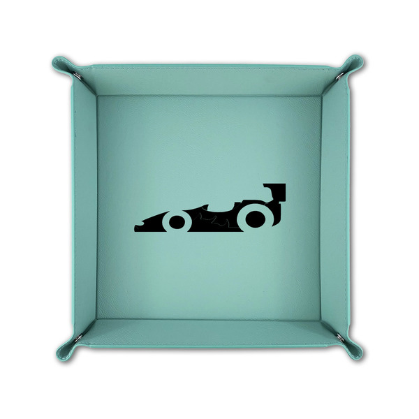 Racing Car 6" x 6" Teal Leatherette Snap Up Tray - FOLDED UP