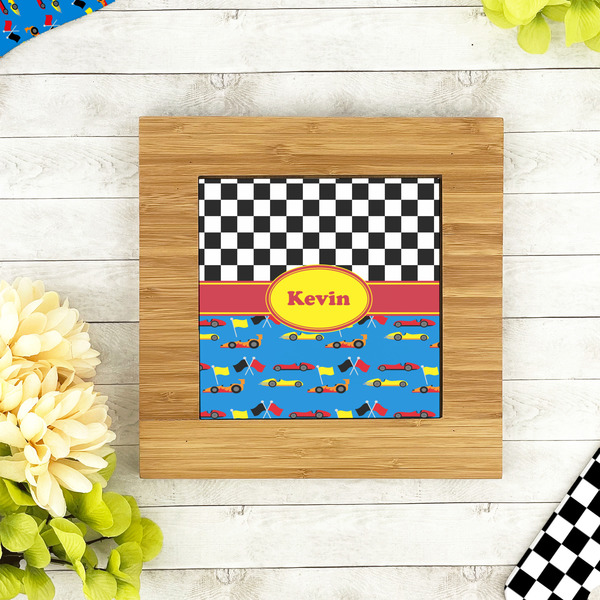 Racing Car Bamboo Trivet with 6" Tile - LIFESTYLE