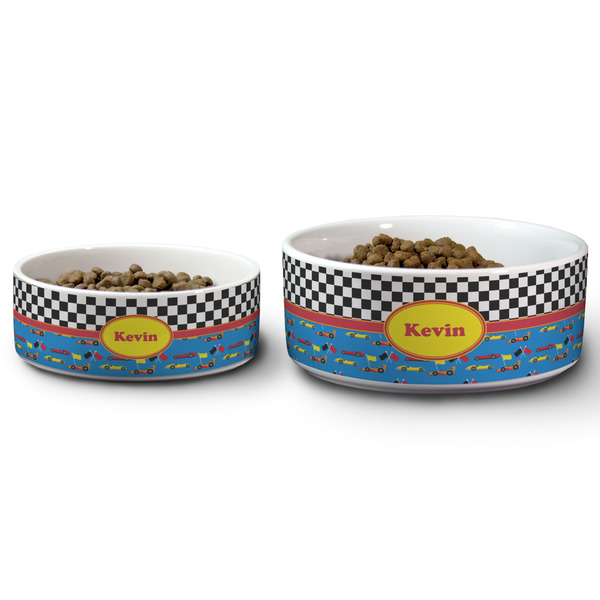 Racing Car Ceramic Dog Bowls - Size Comparison
