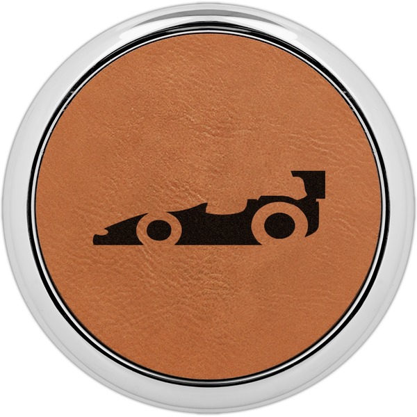Custom Racing Car Leatherette Round Coaster w/ Silver Edge - Single or Set