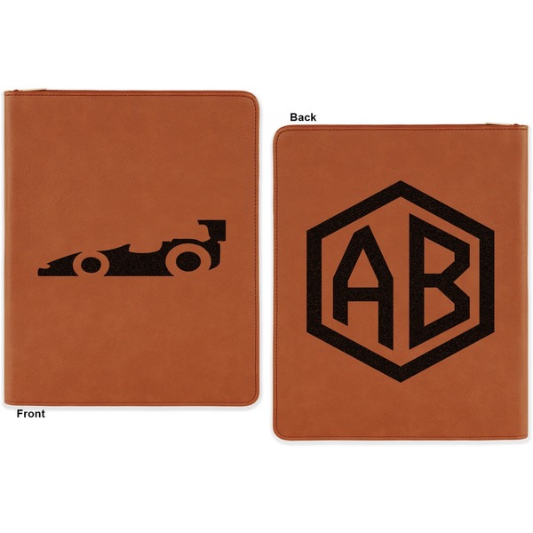 Racing Car Cognac Leatherette Zipper Portfolios with Notepad - Double Sided - Apvl
