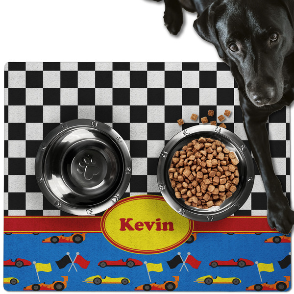 Custom Racing Car Dog Food Mat - Large w/ Name or Text