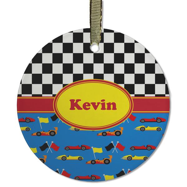 Custom Racing Car Flat Glass Ornament - Round w/ Name or Text