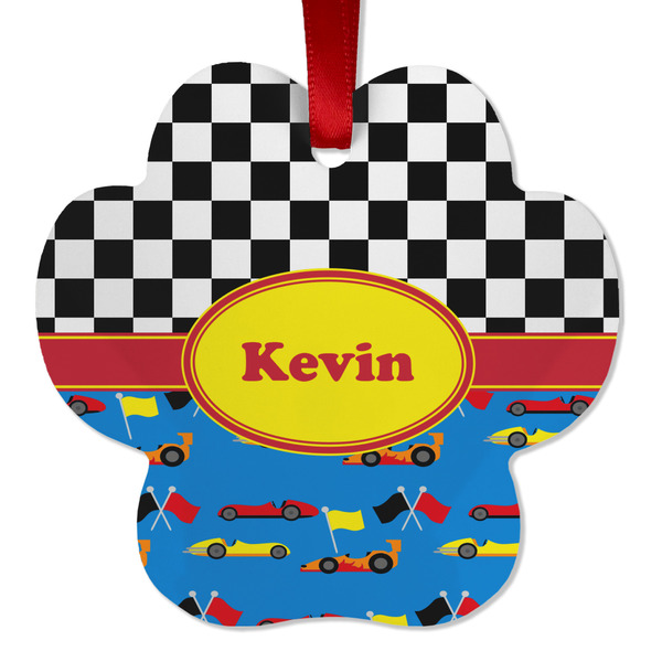 Custom Racing Car Metal Paw Ornament - Double Sided w/ Name or Text