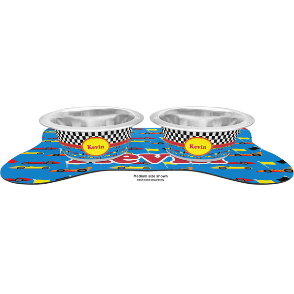 Racing Car Metal Pet Bowls - On Dog Bone Shaped Mat