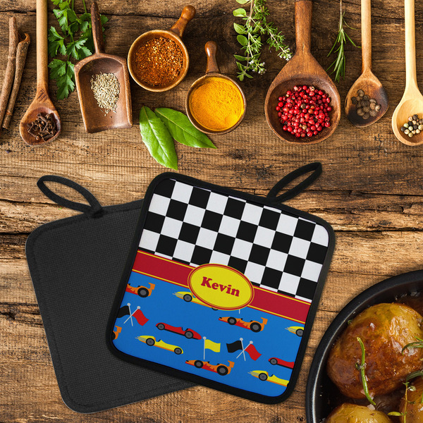 Racing Car Neoprene Pot Holder - Set of 2  LIFESTYLE (Flatlay)