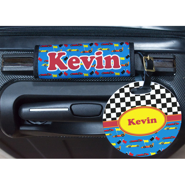 Racing Car Round Luggage Tag & Handle Wrap - In Context