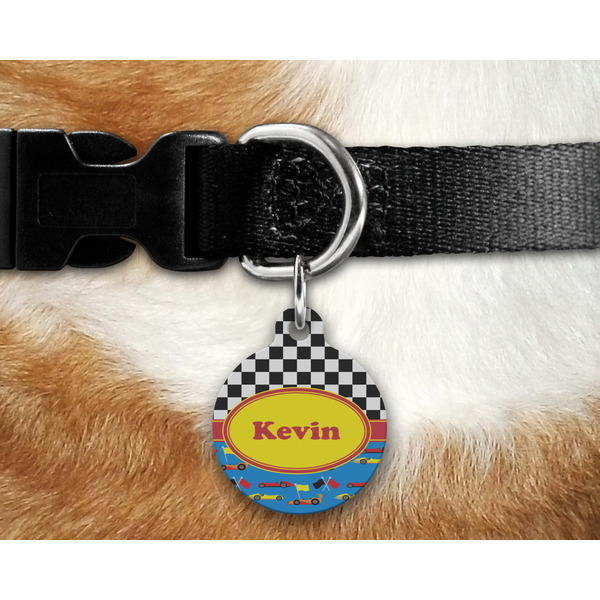 Racing Car Round Pet Tag on Collar & Dog