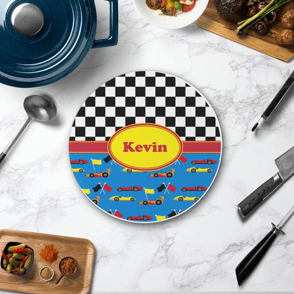 Racing Car Round Stone Trivet - In Context View