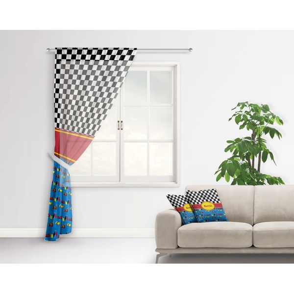 Racing Car Sheer Curtain With Window and Rod - in Room Matching Pillow