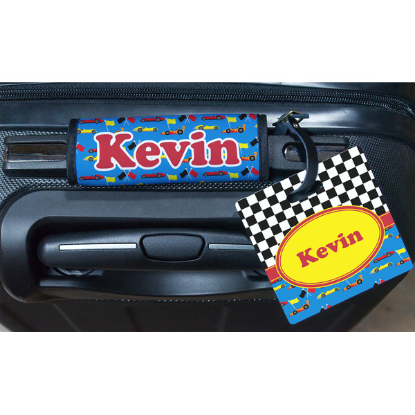 Racing Car Square Luggage Tag & Handle Wrap - In Context