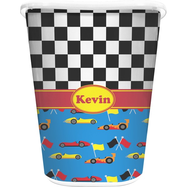 Custom Racing Car Waste Basket - Double Sided (White) (Personalized)
