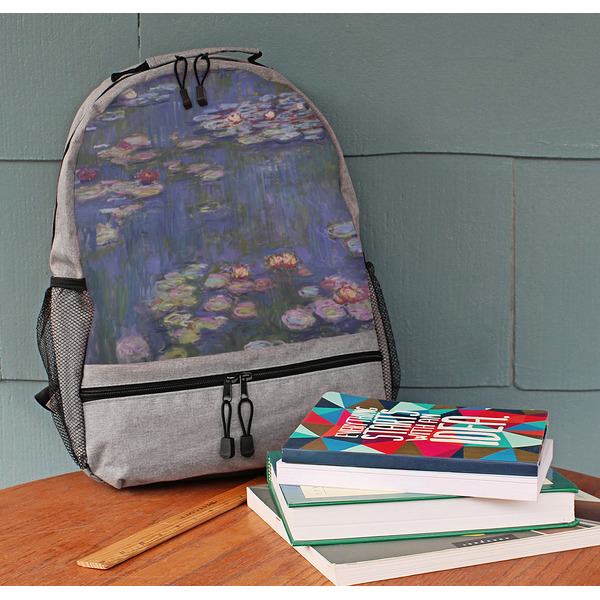 Water Lilies by Claude Monet Large Backpack - Gray - On Desk