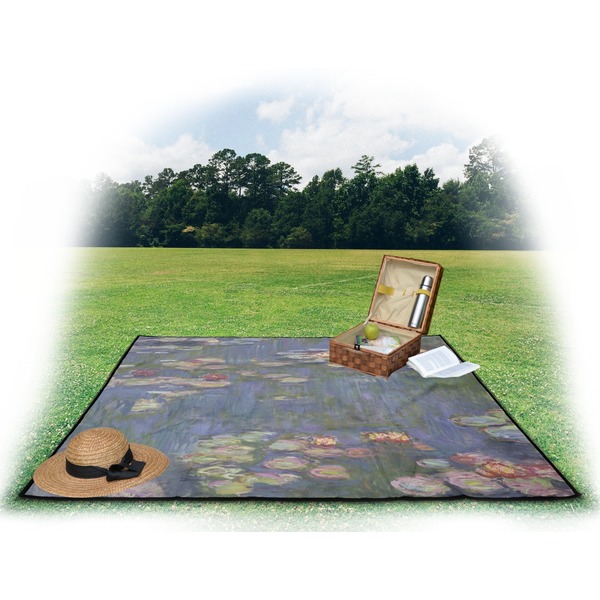 Water Lilies by Claude Monet Picnic Blanket - with Basket Hat and Book - in Use