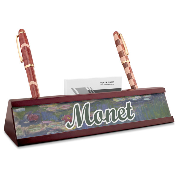Custom Water Lilies by Claude Monet Red Mahogany Nameplate with Business Card Holder
