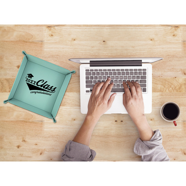 Graduating Students 9" x 9" Teal Leatherette Snap Up Tray - LIFESTYLE