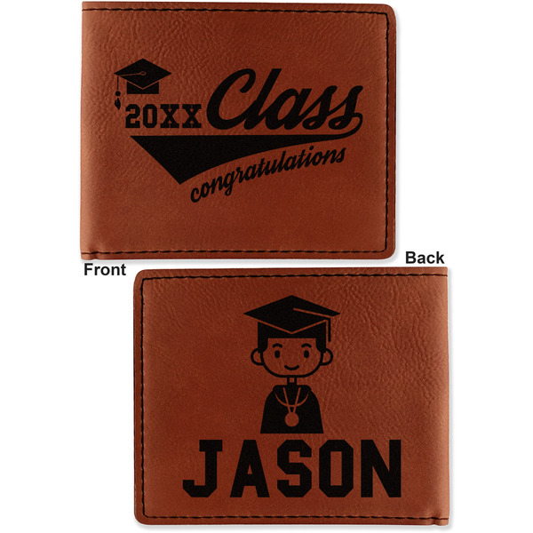 Graduating Students Cognac Leatherette Bifold Wallets - Front and Back