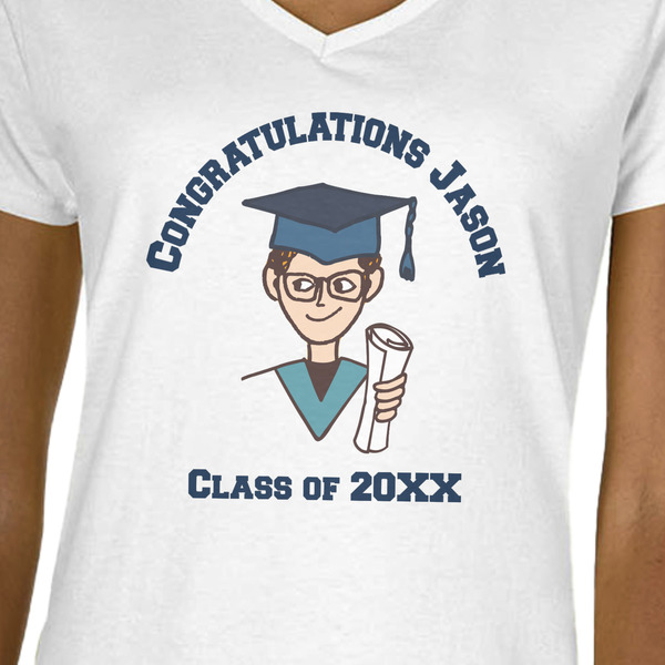 Graduating Students White V-Neck T-Shirt on Model - CloseUp