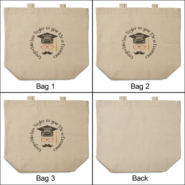 Hipster Graduate 3 Reusable Cotton Grocery Bags - Front & Back View