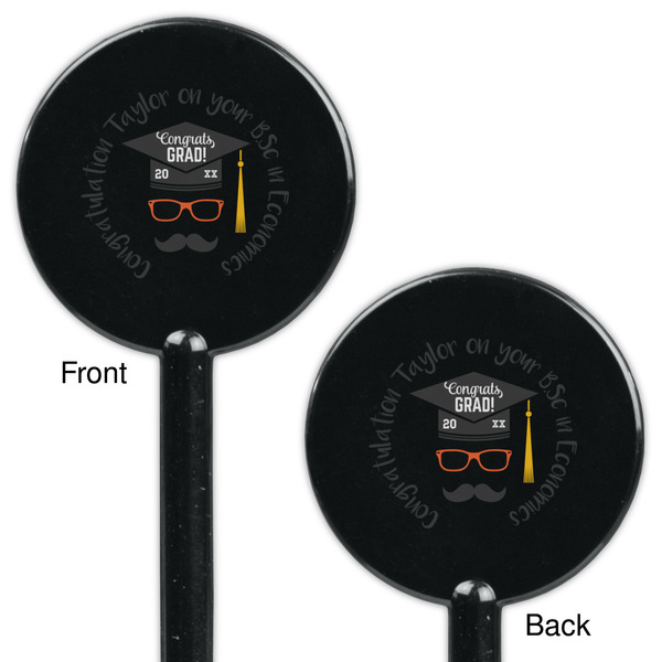 Hipster Graduate Black Plastic 5.5" Stir Stick - Double Sided - Round - Front & Back