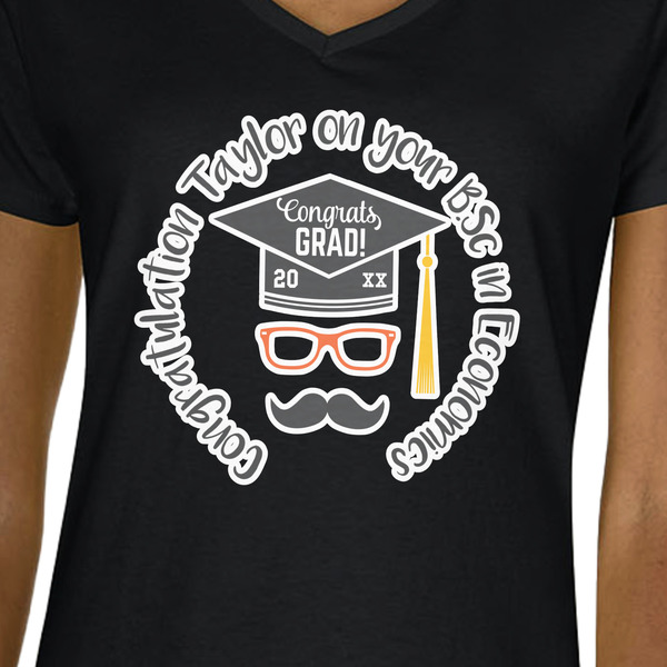 Hipster Graduate Black V-Neck T-Shirt on Model - CloseUp