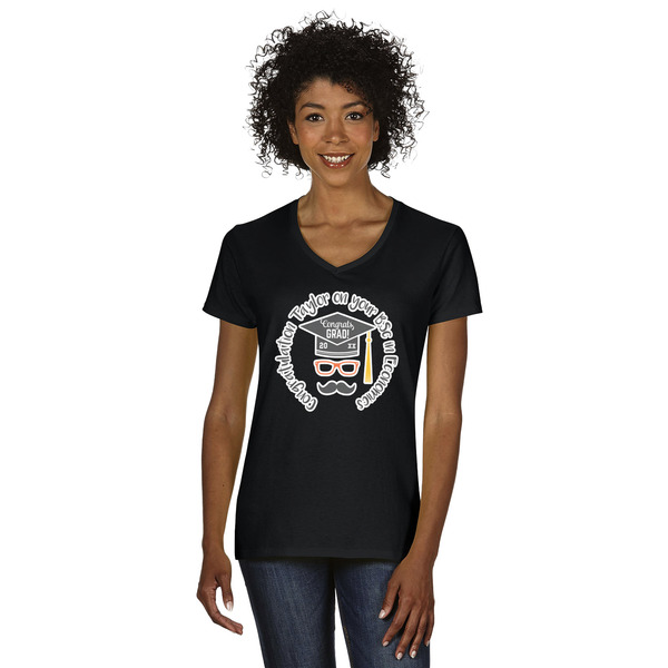 Custom Hipster Graduate Women's V-Neck T-Shirt - Black - Small (Personalized)