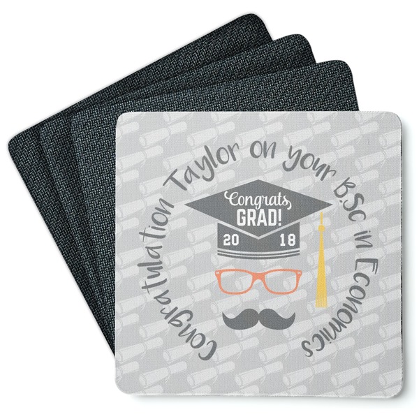 Custom Hipster Graduate Square Rubber Backed Coasters - Set of 4 (Personalized)