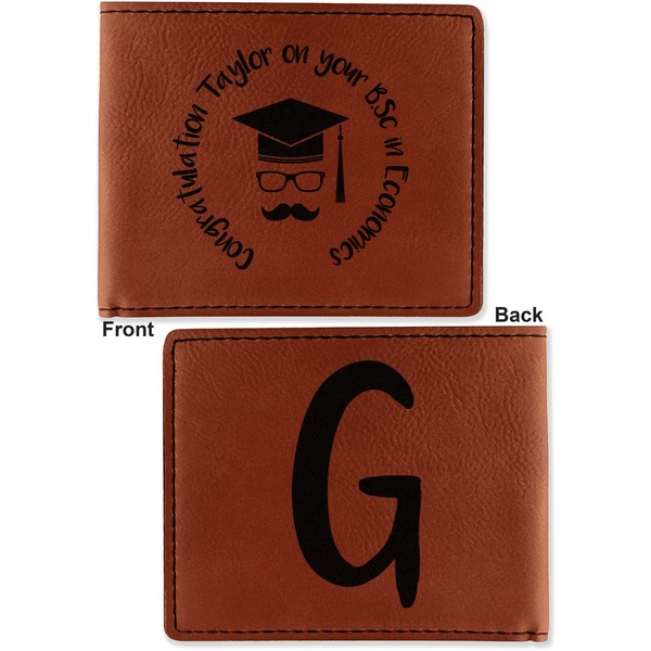 Hipster Graduate Cognac Leatherette Bifold Wallets - Front and Back
