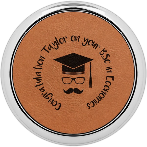 Custom Hipster Graduate Set of 4 Leatherette Round Coasters w/ Silver Edge (Personalized)