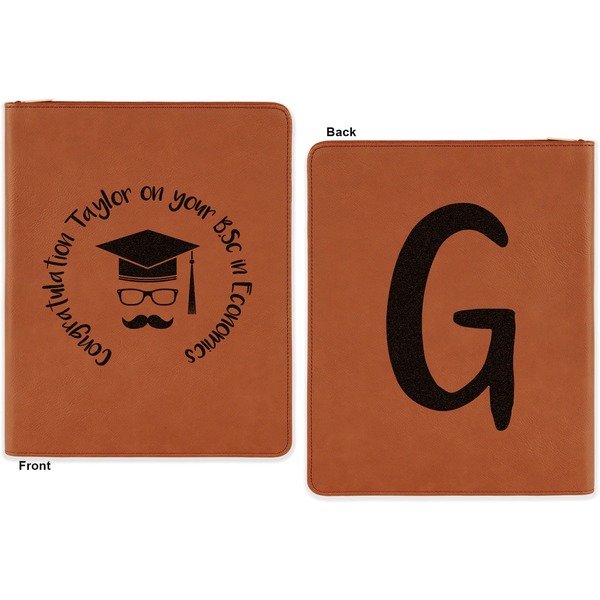 Hipster Graduate Cognac Leatherette Zipper Portfolios with Notepad - Double Sided - Apvl