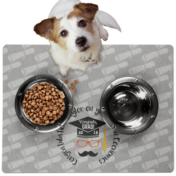 Custom Hipster Graduate Dog Food Mat - Medium w/ Name or Text