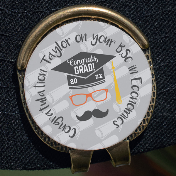 Hipster Graduate Golf Ball Marker Hat Clip - Gold - Close Up