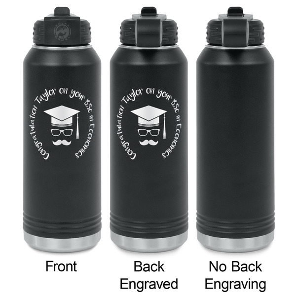 Hipster Graduate Laser Engraved Water Bottles - 2 Styles - Front & Back View