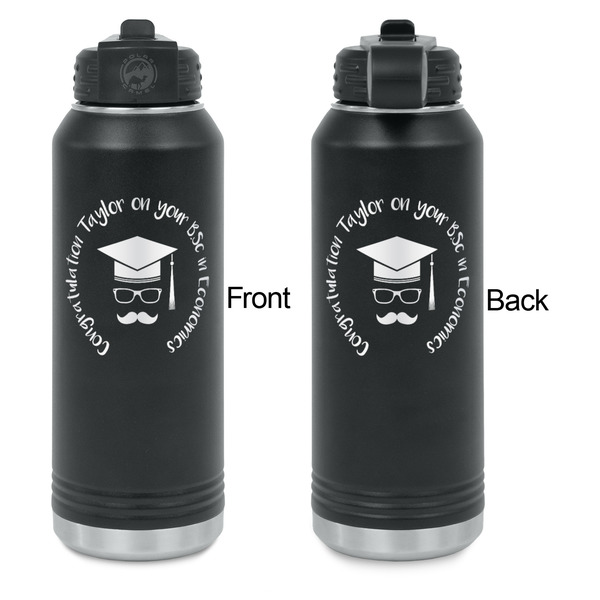 Hipster Graduate Laser Engraved Water Bottles - Front & Back Engraving - Front & Back View