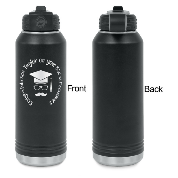 Hipster Graduate Laser Engraved Water Bottles - Front Engraving - Front & Back View