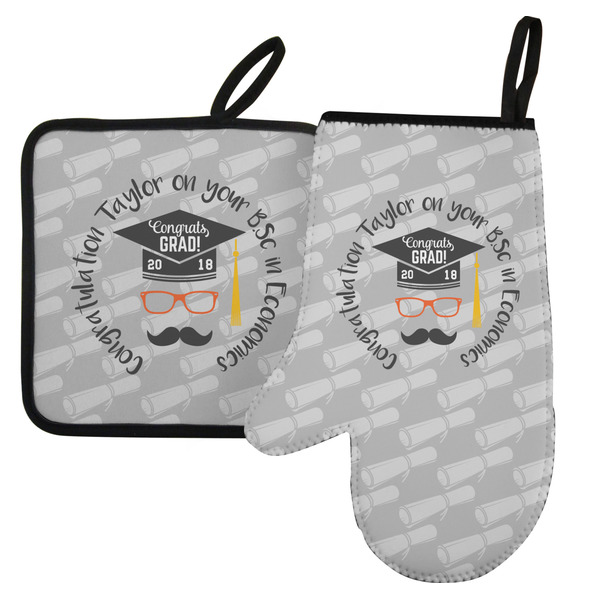 Custom Hipster Graduate Left Oven Mitt & Pot Holder Set w/ Name or Text
