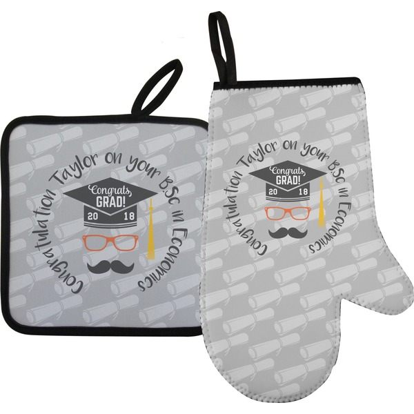 Custom Hipster Graduate Oven Mitt & Pot Holder Set w/ Name or Text