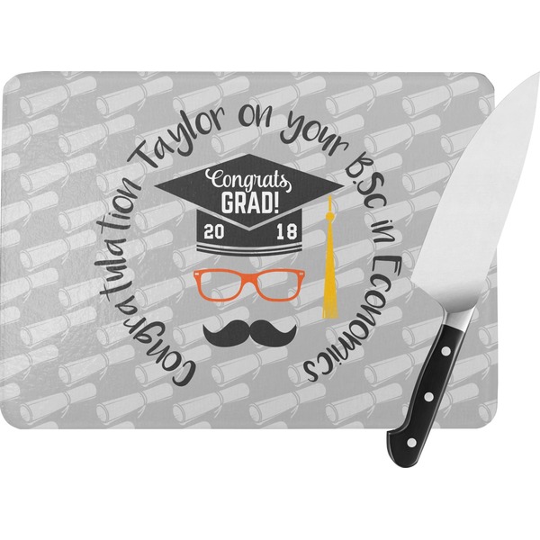 Custom Hipster Graduate Rectangular Glass Cutting Board - Large - 15.25"x11.25" w/ Name or Text