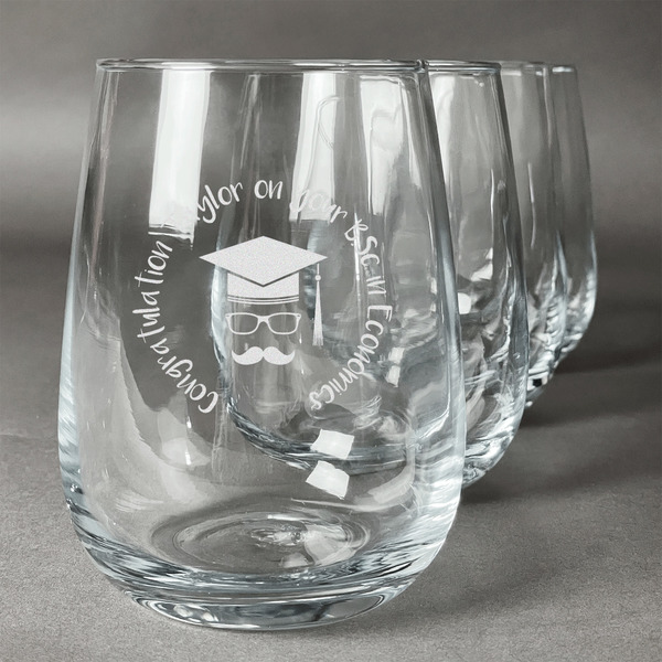 Custom Hipster Graduate Stemless Wine Glasses (Set of 4) (Personalized)
