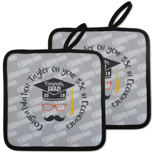 Custom Hipster Graduate Pot Holders - Set of 2 w/ Name or Text