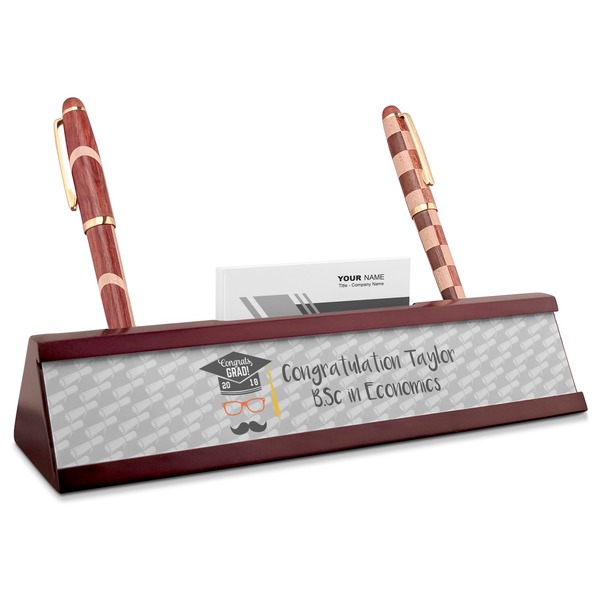 Custom Hipster Graduate Red Mahogany Nameplate with Business Card Holder (Personalized)