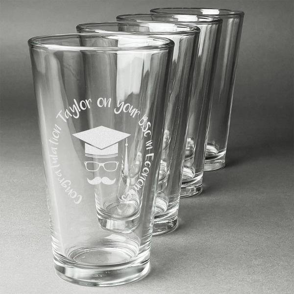 Custom Hipster Graduate Pint Glasses - Engraved (Set of 4) (Personalized)