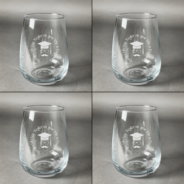 Hipster Graduate Set of Four Personalized Stemless Wineglasses (Approval)